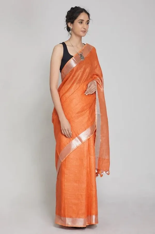 Flame_Orange_Linen_Blend_Handloom_Saree_With_Blouse_Piece