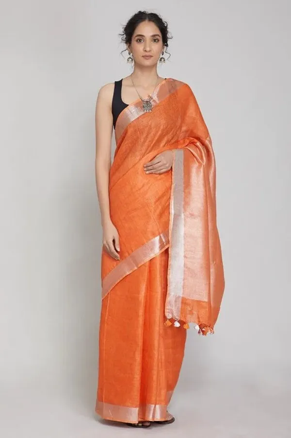 Flame_Orange_Linen_Blend_Handloom_Saree_With_Blouse_Piece