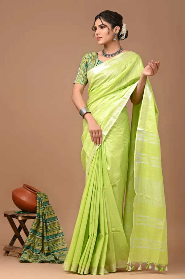 Flant_Green_Linen_Blend_Handloom_Saree_With_Blouse_Piece