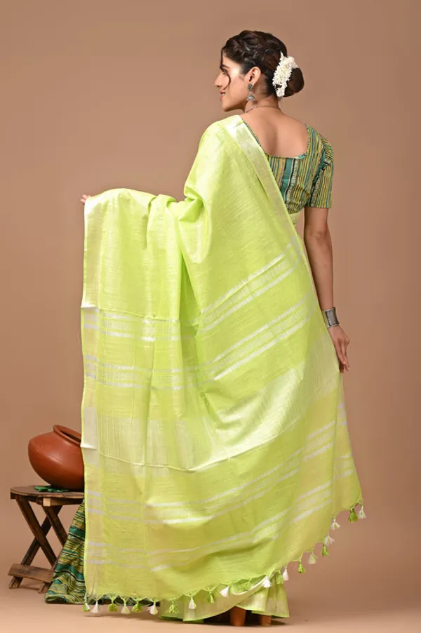 Flant_Green_Linen_Blend_Handloom_Saree_With_Blouse_Piece