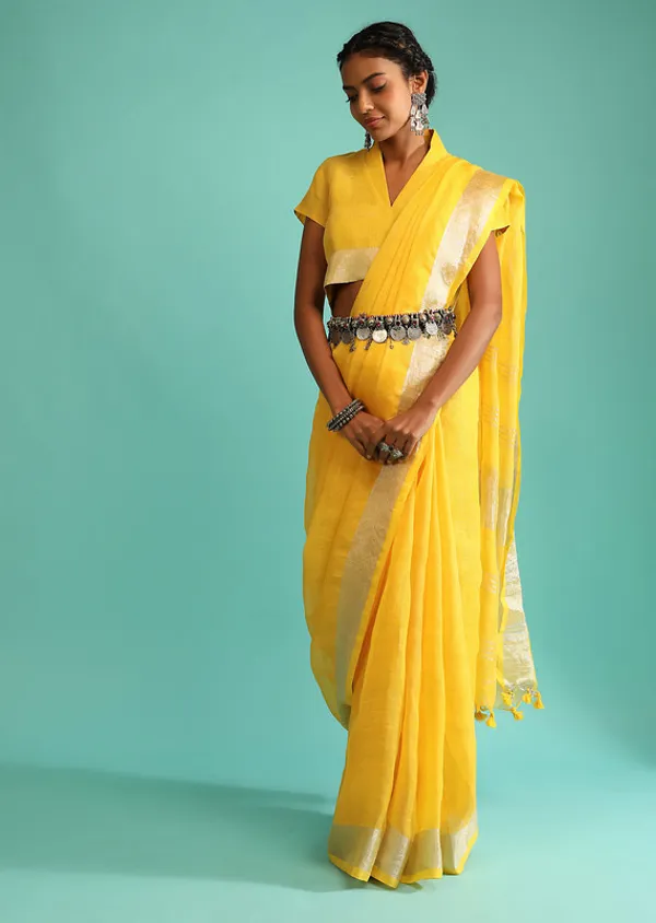 Authentic_Gamboge_Yellow_Pure_Linen_Handloom_Bhagalpuri_Saree_With_Blouse_Piece
