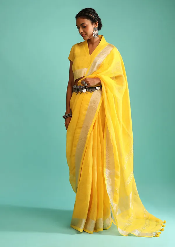 Authentic_Gamboge_Yellow_Pure_Linen_Handloom_Bhagalpuri_Saree_With_Blouse_Piece