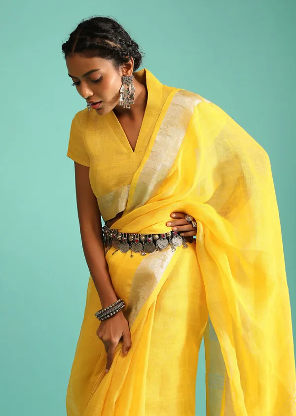 Authentic_Gamboge_Yellow_Pure_Linen_Handloom_Bhagalpuri_Saree_With_Blouse_Piece