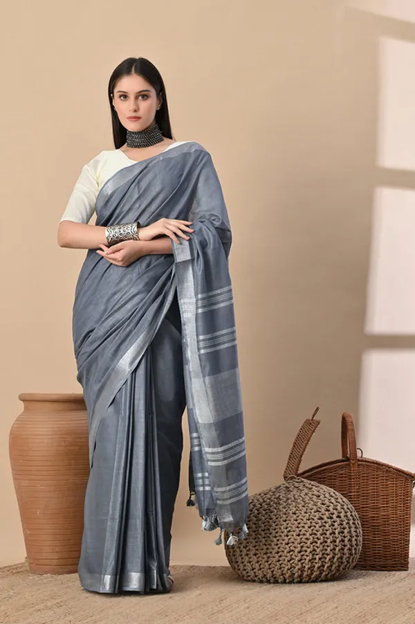 Grey_Linen_Blend_Handloom_Saree_With_Blouse_Piece