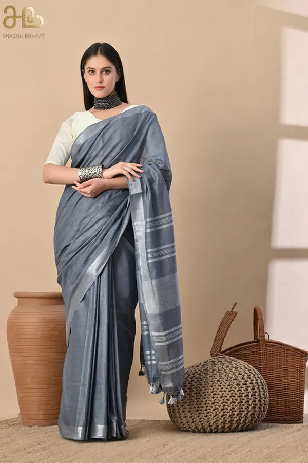 Grey_Linen_Blend_Handloom_Saree_With_Blouse_Piece