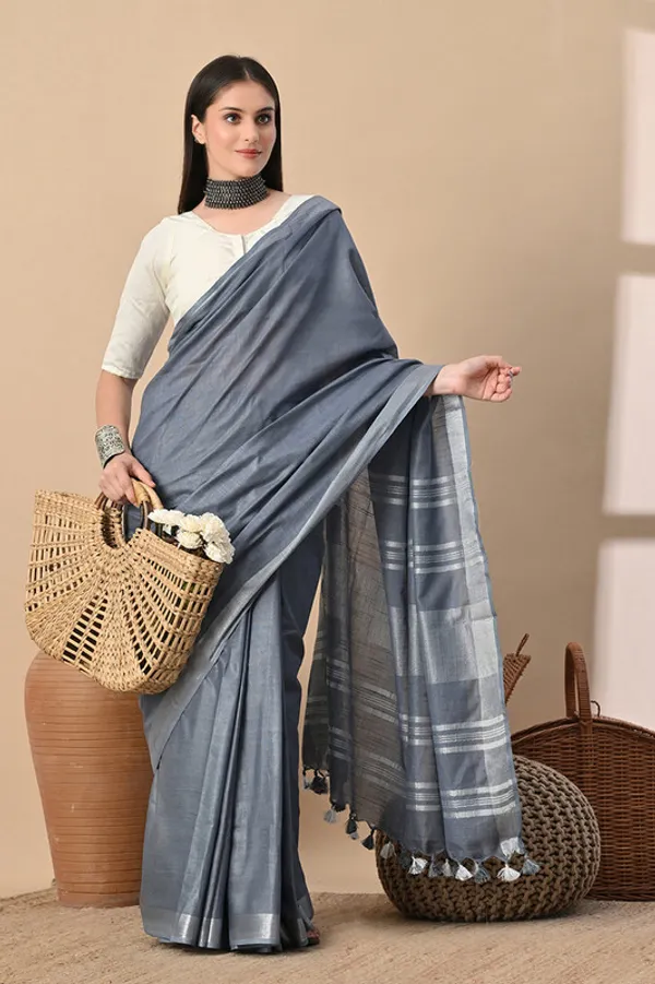 Grey_Linen_Blend_Handloom_Saree_With_Blouse_Piece