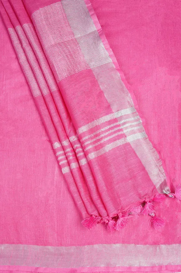 Hot_Pink_Linen_Blend_Handloom_Saree_With_Blouse_Piece