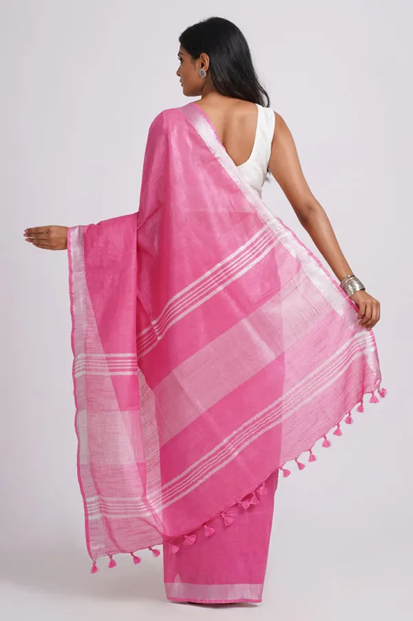Hot_Pink_Linen_Blend_Handloom_Saree_With_Blouse_Piece