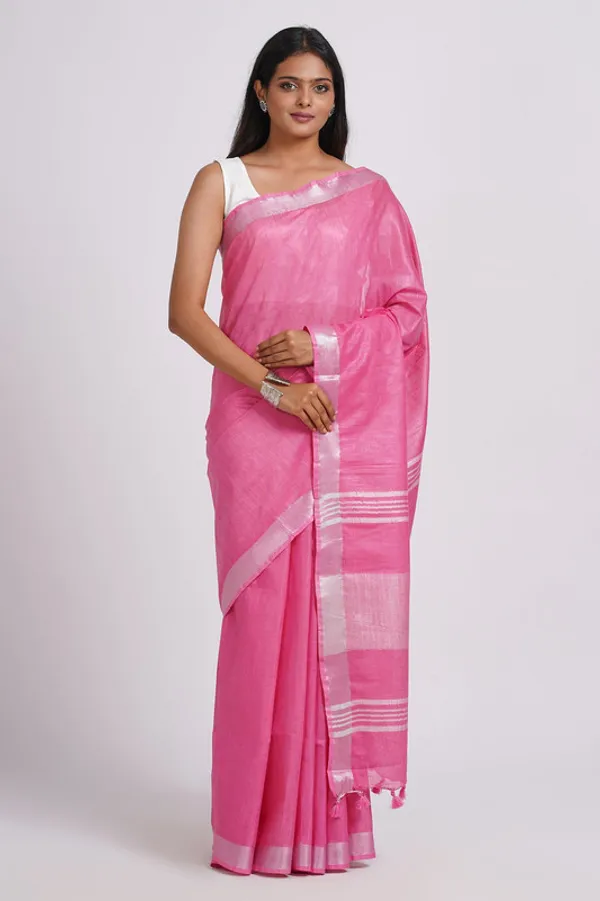 Hot_Pink_Linen_Blend_Handloom_Saree_With_Blouse_Piece