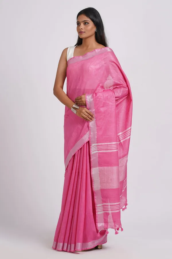Hot_Pink_Linen_Blend_Handloom_Saree_With_Blouse_Piece