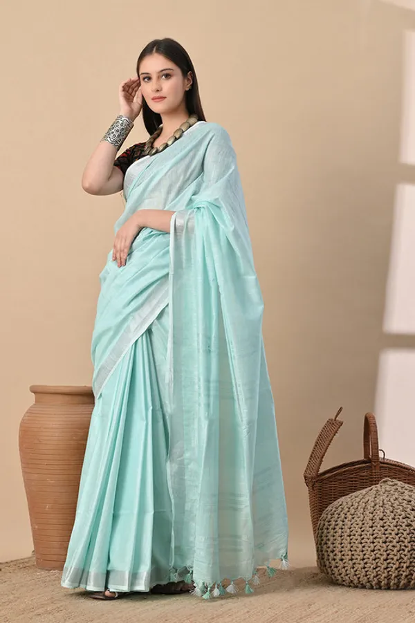 Ice_Cyan_Linen_Blend_Handloom_Saree_With_Blouse_Piece