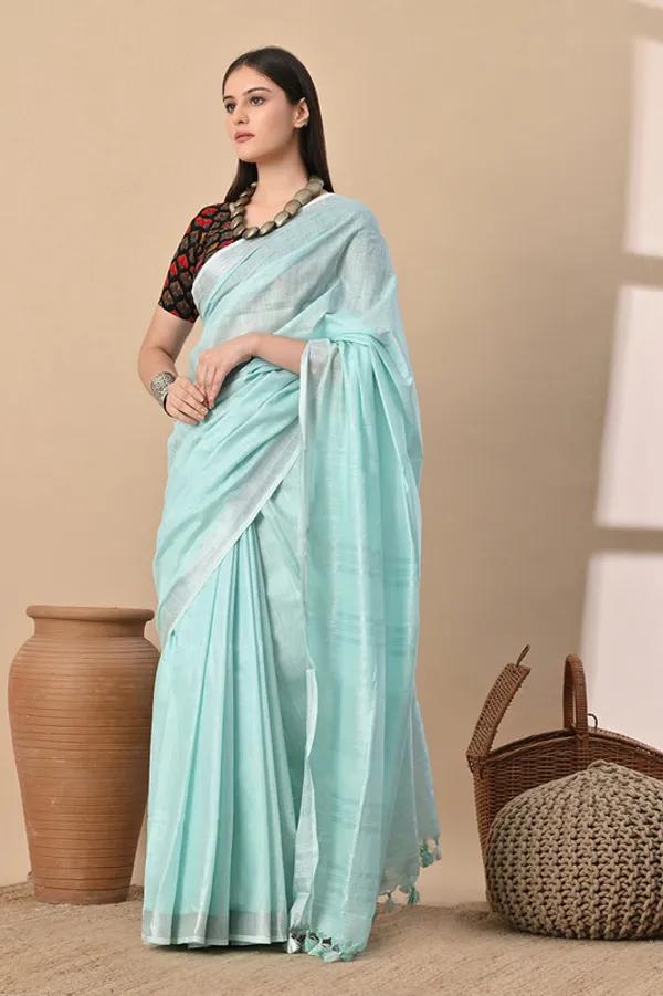 Ice_Cyan_Linen_Blend_Handloom_Saree_With_Blouse_Piece