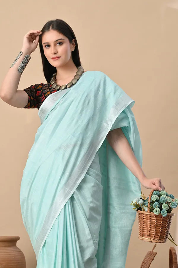 Ice_Cyan_Linen_Blend_Handloom_Saree_With_Blouse_Piece