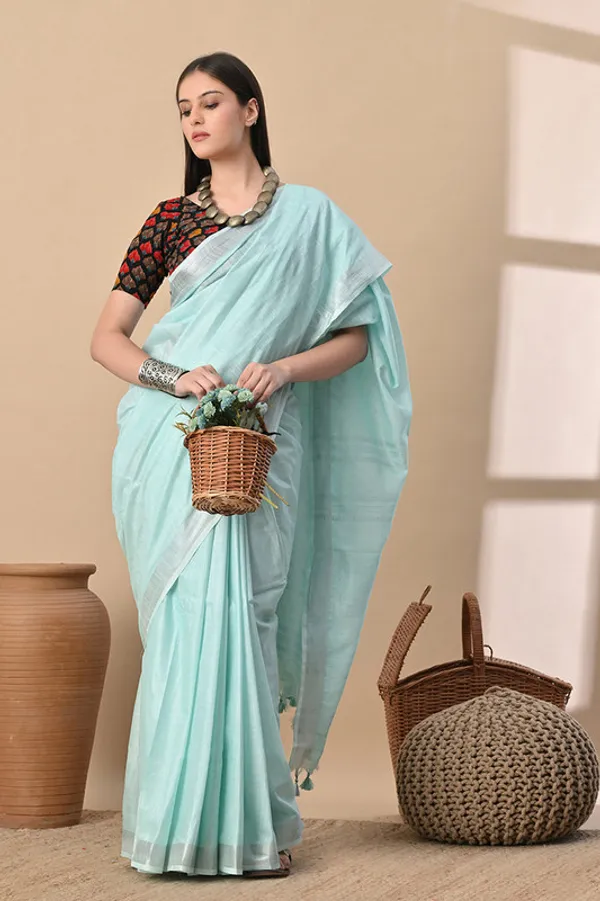 Ice_Cyan_Linen_Blend_Handloom_Saree_With_Blouse_Piece