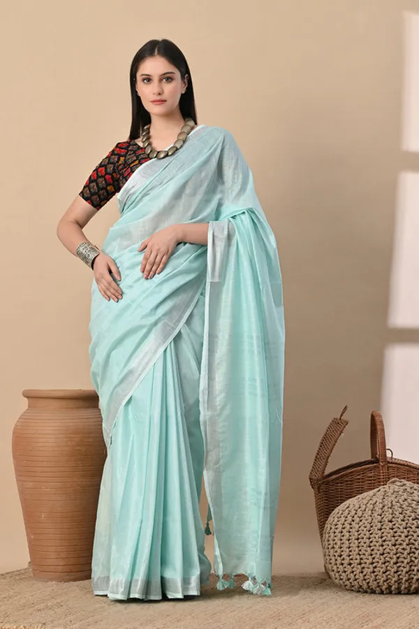 Ice_Cyan_Linen_Blend_Handloom_Saree_With_Blouse_Piece