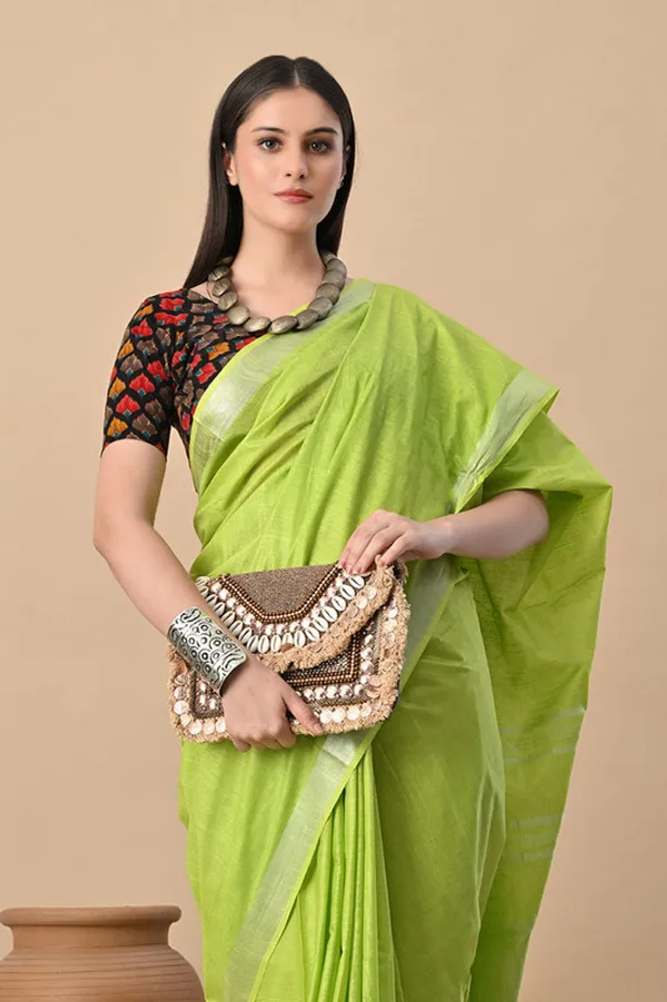 Kelly_Green_Linen_Blend_Handloom_Saree_With_Blouse_Piece