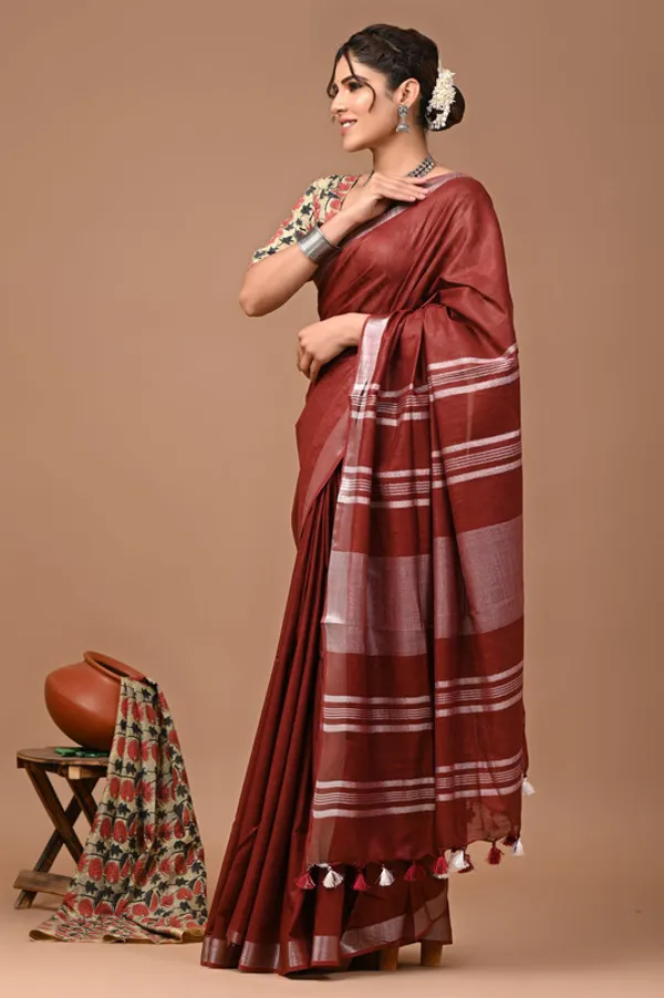 Marron_Red_Linen_Blend_Handloom_Saree_With_Blouse_Piece