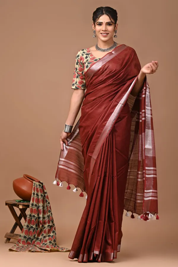 Marron_Red_Linen_Blend_Handloom_Saree_With_Blouse_Piece
