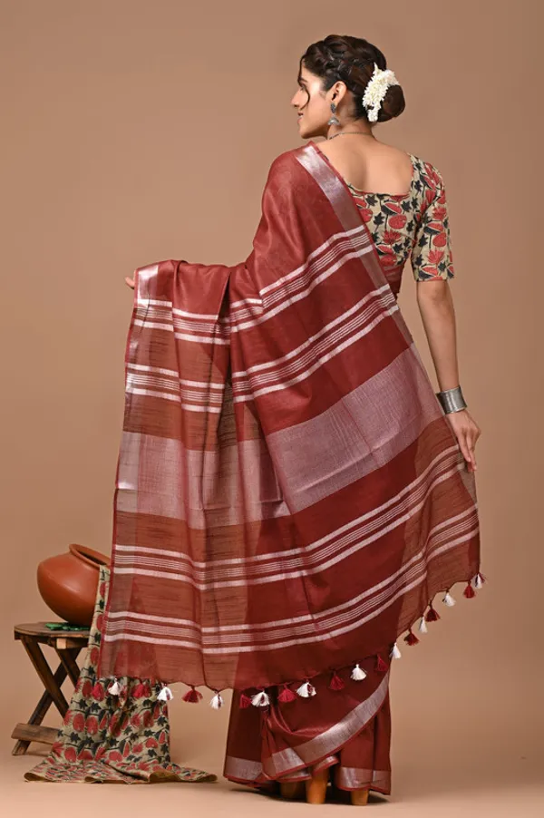 Marron_Red_Linen_Blend_Handloom_Saree_With_Blouse_Piece