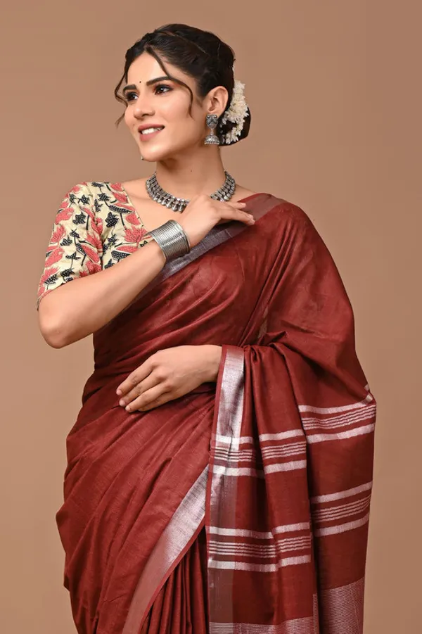 Marron_Red_Linen_Blend_Handloom_Saree_With_Blouse_Piece