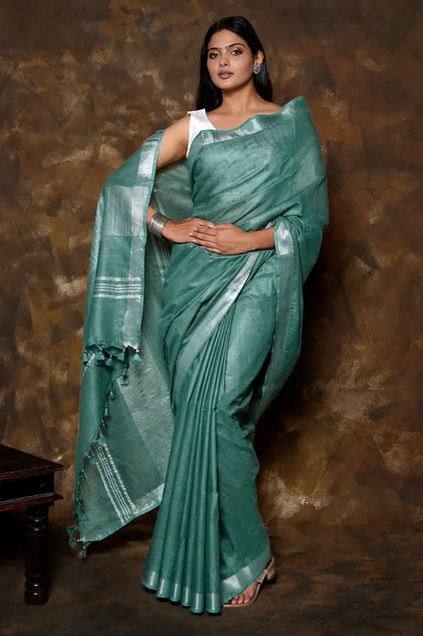 Mint_Turquoise_Linen_Blend_Handloom_Saree_With_Blouse_Piece