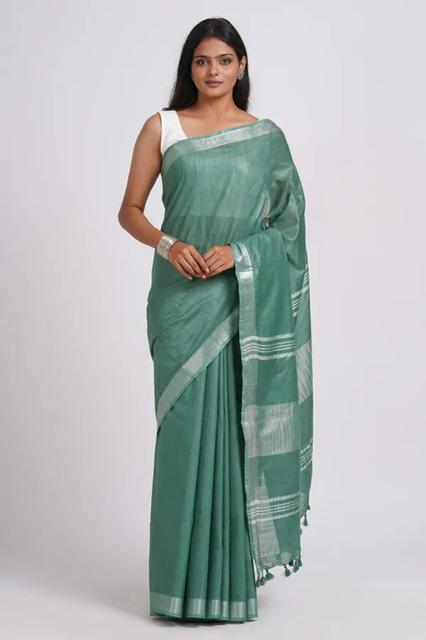 Mint_Turquoise_Linen_Blend_Handloom_Saree_With_Blouse_Piece