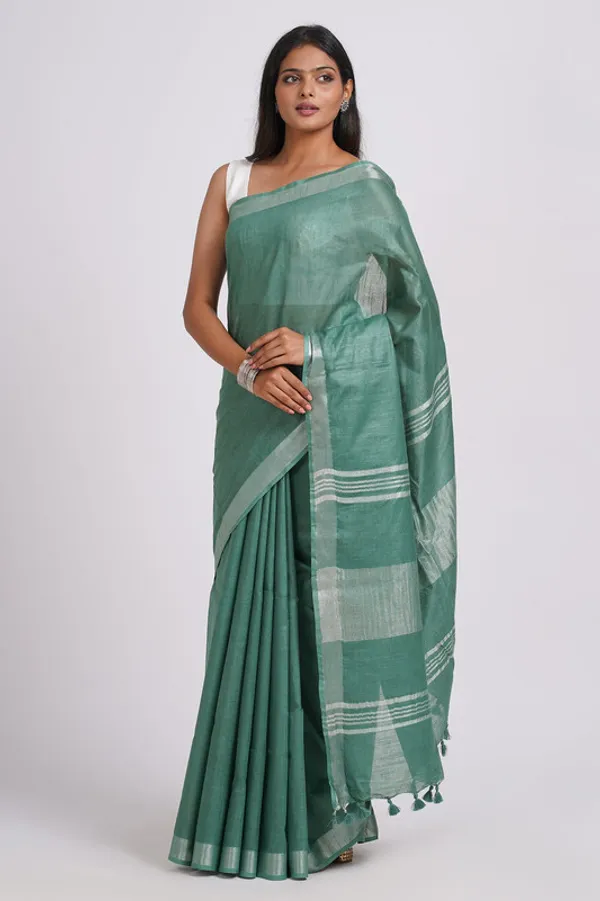 Mint_Turquoise_Linen_Blend_Handloom_Saree_With_Blouse_Piece
