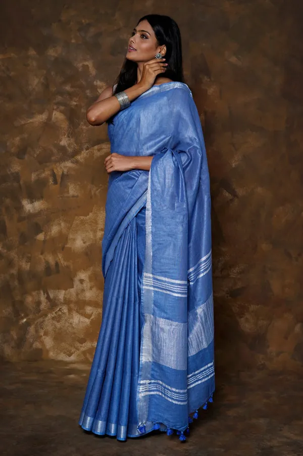 Neon_Blue_Linen_Blend_Handloom_Saree_With_Blouse_Piece