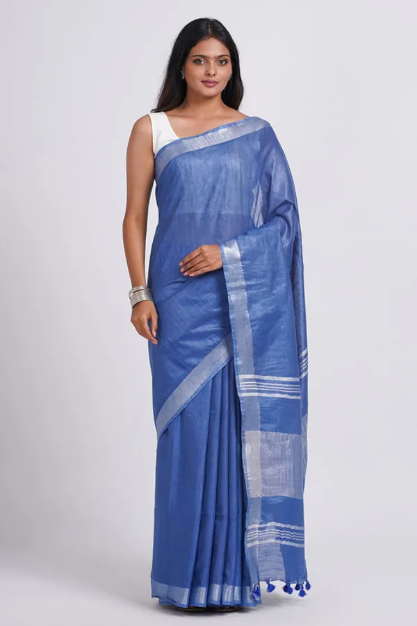 Neon_Blue_Linen_Blend_Handloom_Saree_With_Blouse_Piece