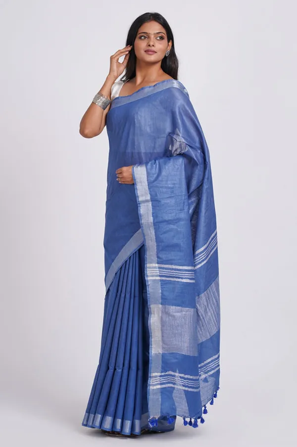 Neon_Blue_Linen_Blend_Handloom_Saree_With_Blouse_Piece