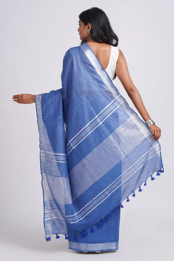Neon_Blue_Linen_Blend_Handloom_Saree_With_Blouse_Piece