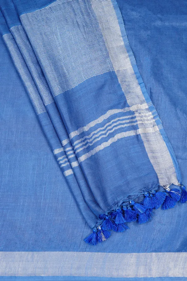 Neon_Blue_Linen_Blend_Handloom_Saree_With_Blouse_Piece