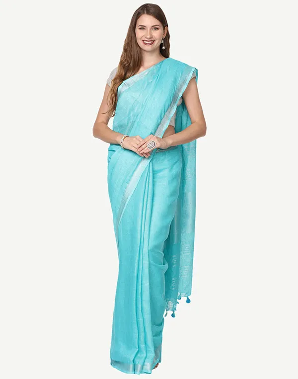 Pacific_Cyan_Linen_Blend_Handloom_Saree_With_Blouse_Piece