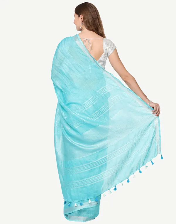 Pacific_Cyan_Linen_Blend_Handloom_Saree_With_Blouse_Piece