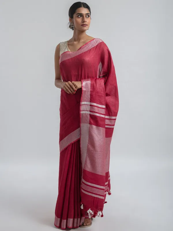Raspberry_Pink_Linen_Blend_Handloom_Saree_With_Blouse_Piece