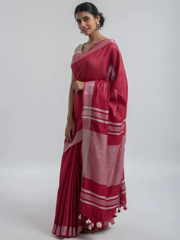 Raspberry_Pink_Linen_Blend_Handloom_Saree_With_Blouse_Piece
