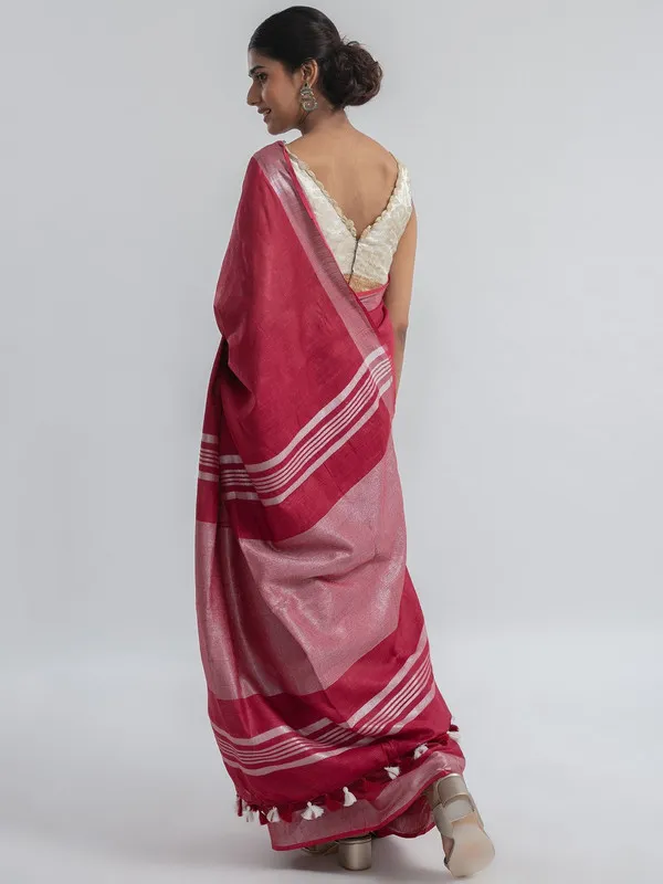 Raspberry_Pink_Linen_Blend_Handloom_Saree_With_Blouse_Piece