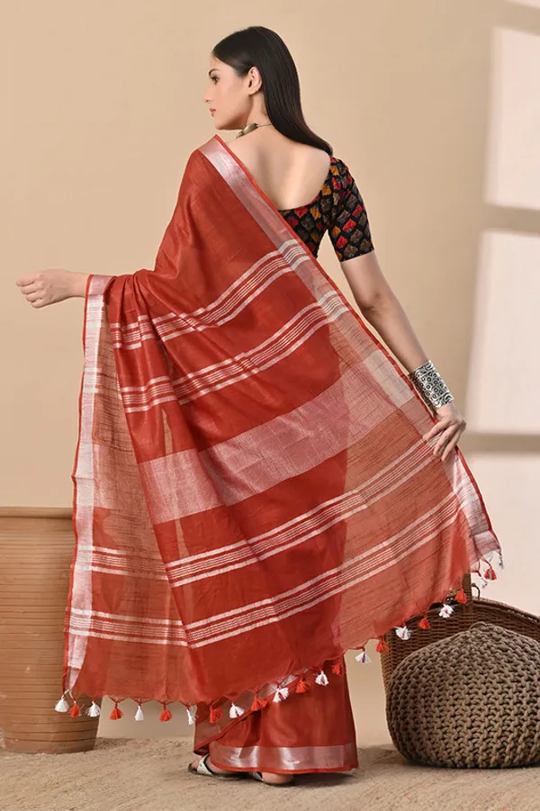 Sienna_Brown_Linen_Blend_Handloom_Saree_With_Blouse_Piece