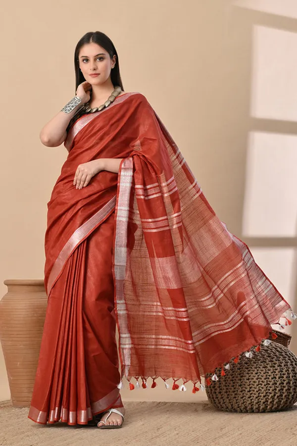 Sienna_Brown_Linen_Blend_Handloom_Saree_With_Blouse_Piece