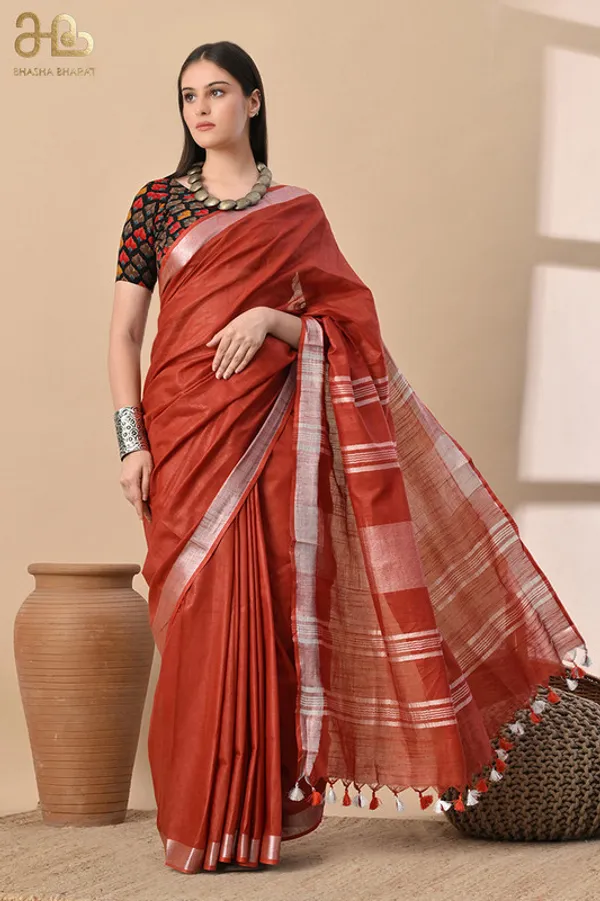 Sienna_Brown_Linen_Blend_Handloom_Saree_With_Blouse_Piece