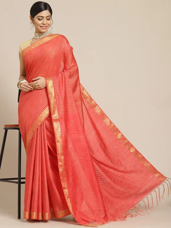 Authentic_Contessiea_Red_Cotton_Semi_Soft_Silk_Striped_Sequin_Handloom_Bhagalpuri_Saree