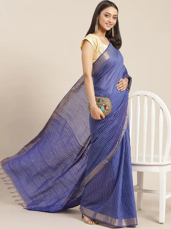 Authentic_Egyptiasn_Blue_Cotton_Semi_Soft_Silk_Striped_Sequin_Handloom_Bhagalpuri_Saree