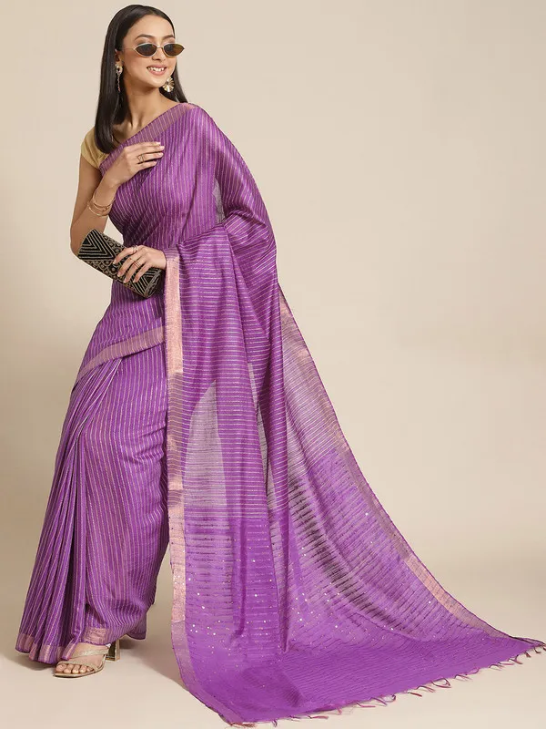 Authentic_Elexctric_Purple_Cotton_Semi_Soft_Silk_Striped_Sequin_Handloom_Bhagalpuri_Saree