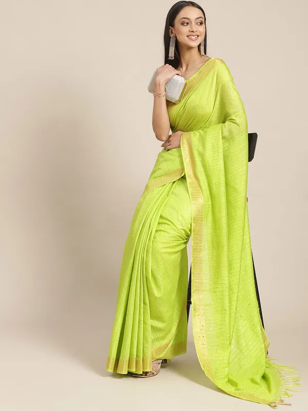 Authentic_Parrot_Green_Cotton_Semi_Soft_Silk_Striped_Sequin_Handloom_Bhagalpuri_Saree