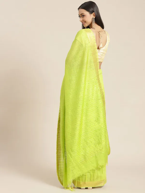 Authentic_Parrot_Green_Cotton_Semi_Soft_Silk_Striped_Sequin_Handloom_Bhagalpuri_Saree