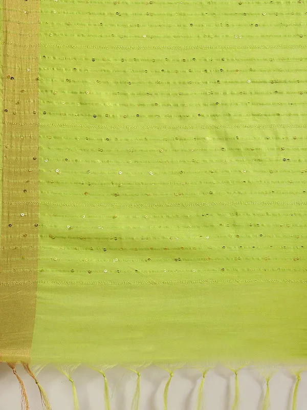 Authentic_Parrot_Green_Cotton_Semi_Soft_Silk_Striped_Sequin_Handloom_Bhagalpuri_Saree