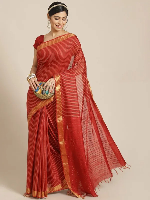 Authentic_Red_Cotton_Semi_Soft_Silk_Striped_Sequin_Handloom_Bhagalpuri_Saree