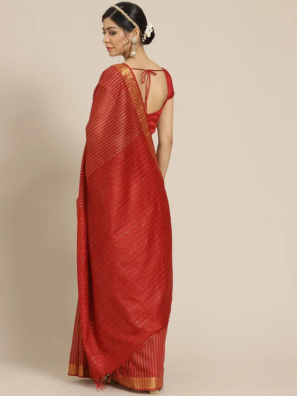 Authentic_Red_Cotton_Semi_Soft_Silk_Striped_Sequin_Handloom_Bhagalpuri_Saree