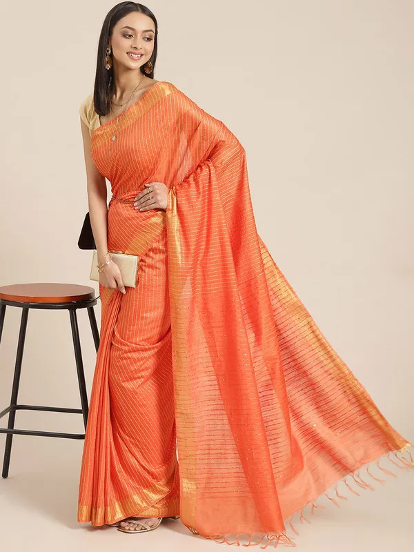 Authentic_Tamie_Orange_Cotton_Semi_Soft_Silk_Striped_Sequin_Handloom_Bhagalpuri_Saree