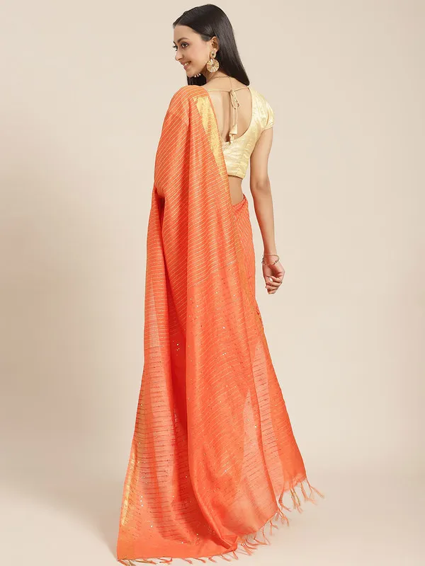 Authentic_Tamie_Orange_Cotton_Semi_Soft_Silk_Striped_Sequin_Handloom_Bhagalpuri_Saree